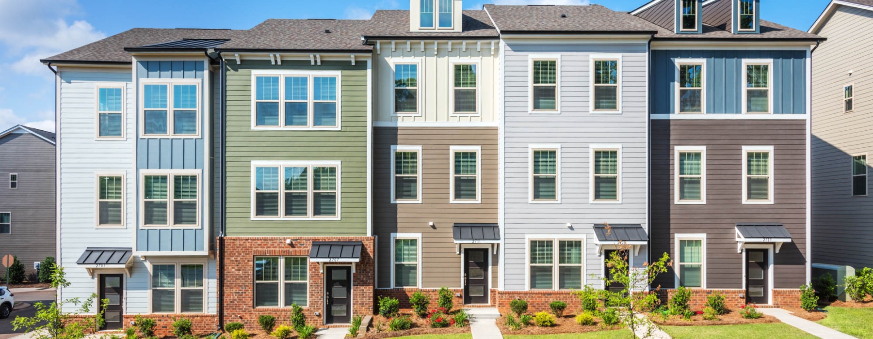 Exterior view of the rental townhomes in Charlotte's ABODE at Greenway community